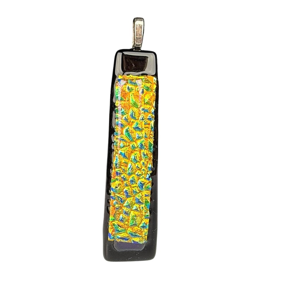 Handmade Dichroic Glass Pendant Multicolor Iridescent Fused‎ Jewelry 3.45" Long